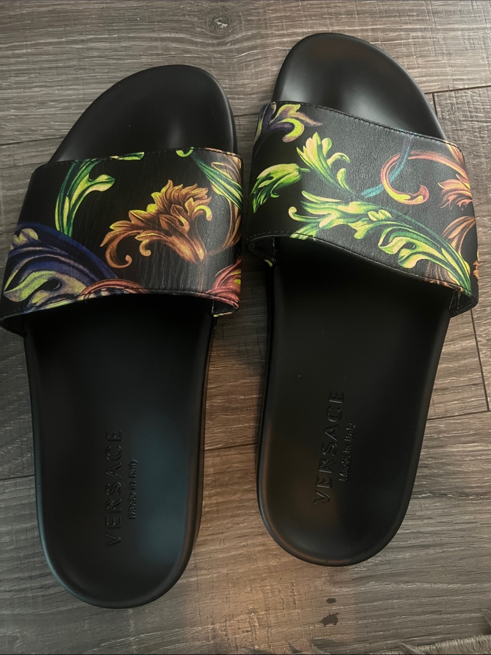 Versace Black Slides with Multicolor Baroque Print
